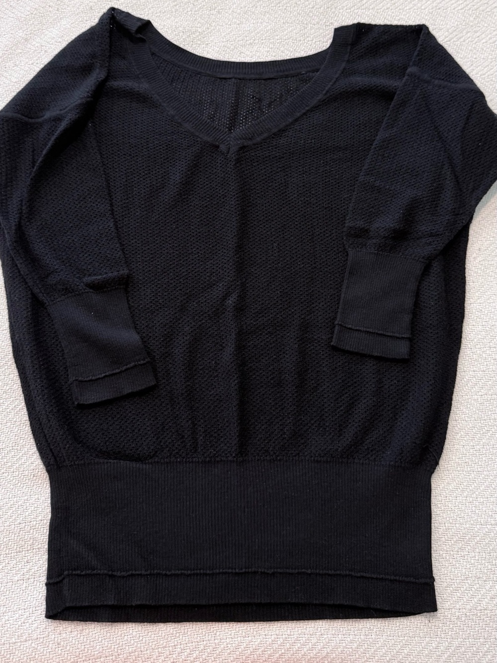 Black V-Neck Lightweight Mesh Knit Women's 3/4 Sleeve Sweater